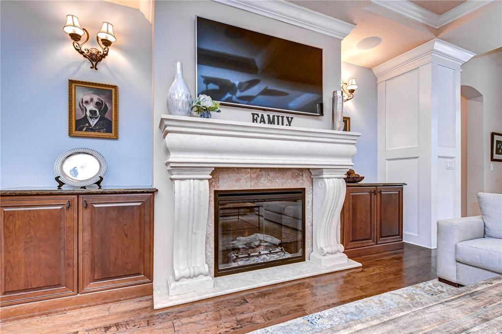 Limestone mantle fireplace!