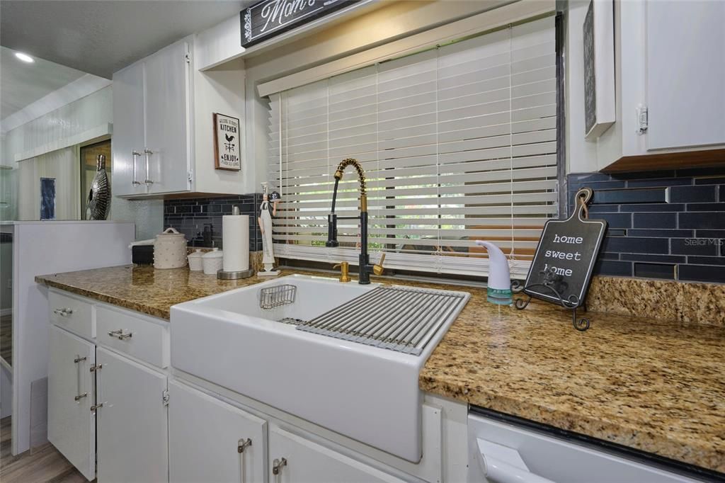 Farmhouse sink and pass through window to the lanai