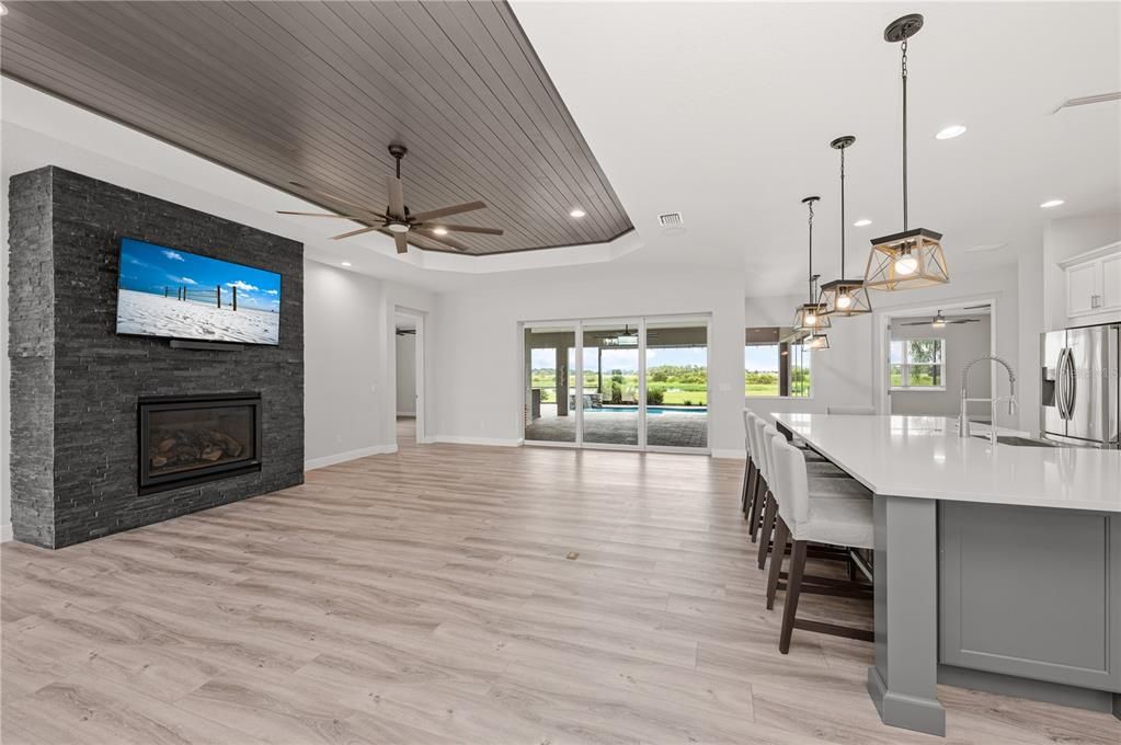 Living room with gas exterior chimney vented fireplace