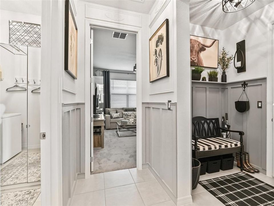 Hallway to Bonus Room with Laundry, Mud Room to Garage & Beautiful Millwork