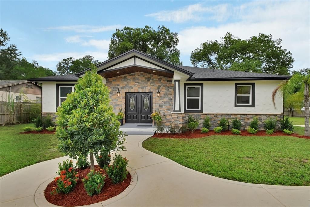 Front of home and landscaping.