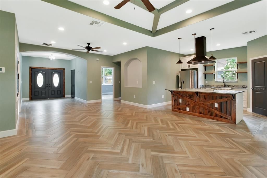 Family room/dining area with view of kitchen.