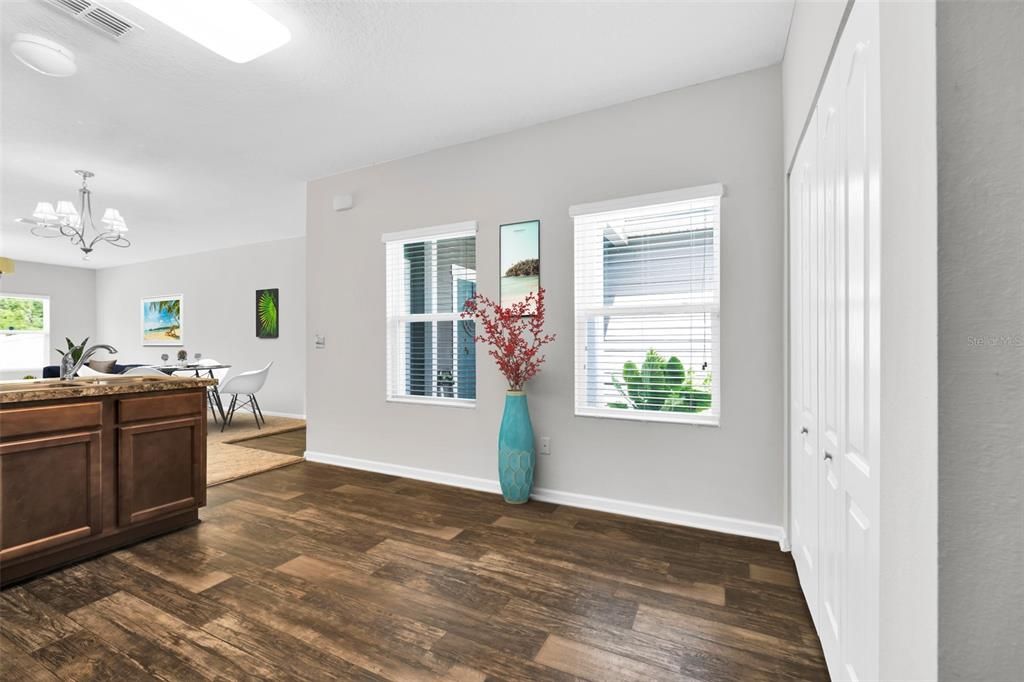 Kitchen has two windows for natural lighting