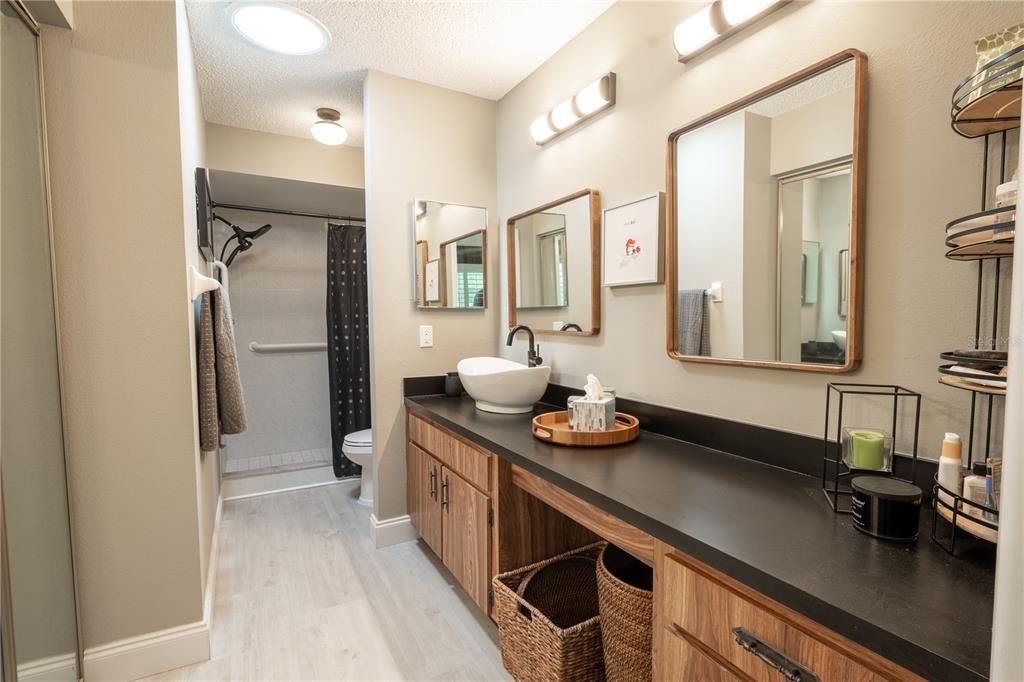 The primary bath features a solar skylight and a tiled, walk-in shower with grab bar.