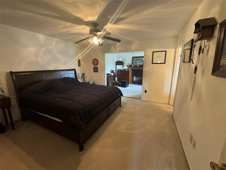 Primary bedroom with additional sitting area with wood burning fire place.