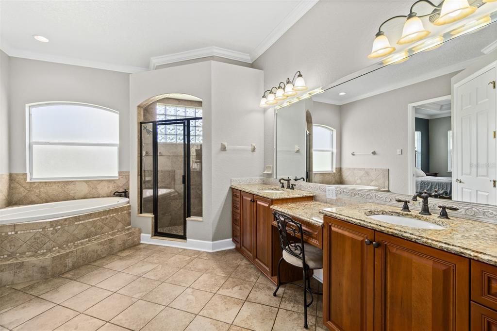 Primary bath with granite double vanities