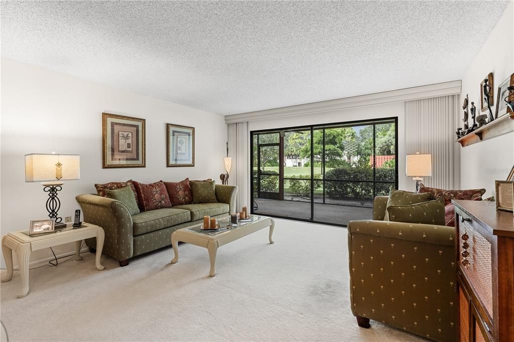 Great room featuring sliding glass doors to the screened-in lanai