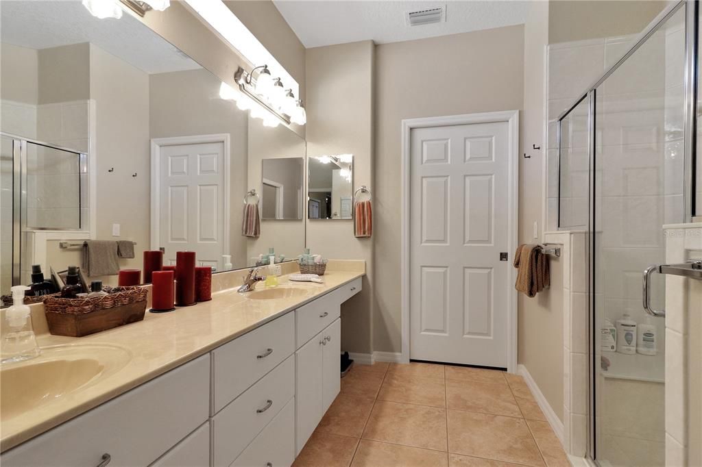 luxurious bath with dual sink vanity