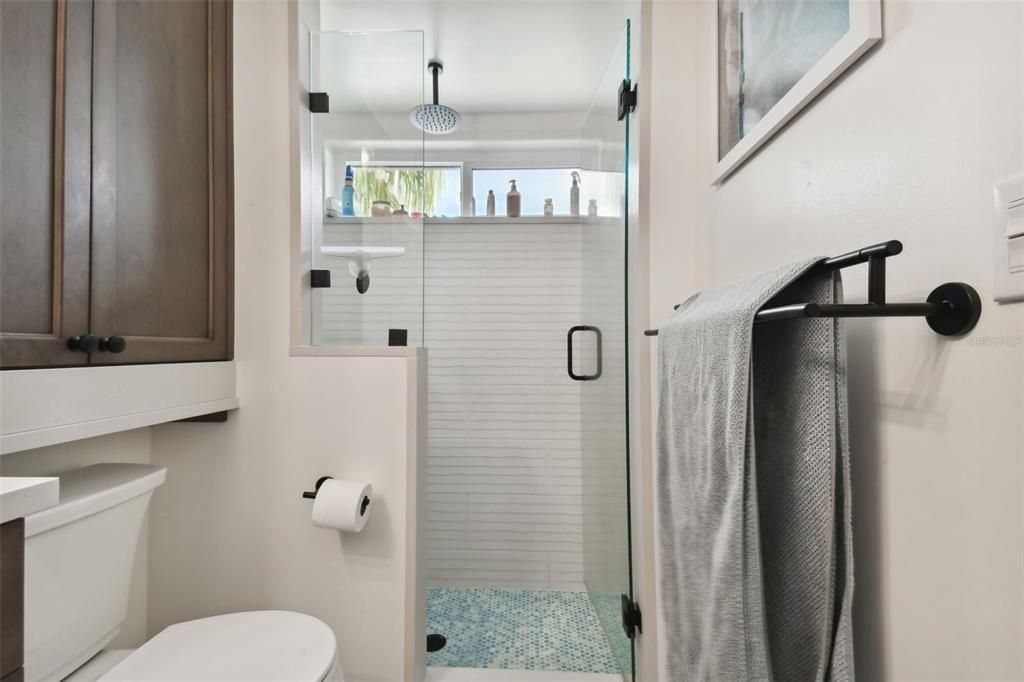 Luxurious rain head shower, with window allowing natural light