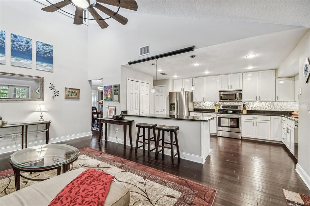 kitchen opens to family room