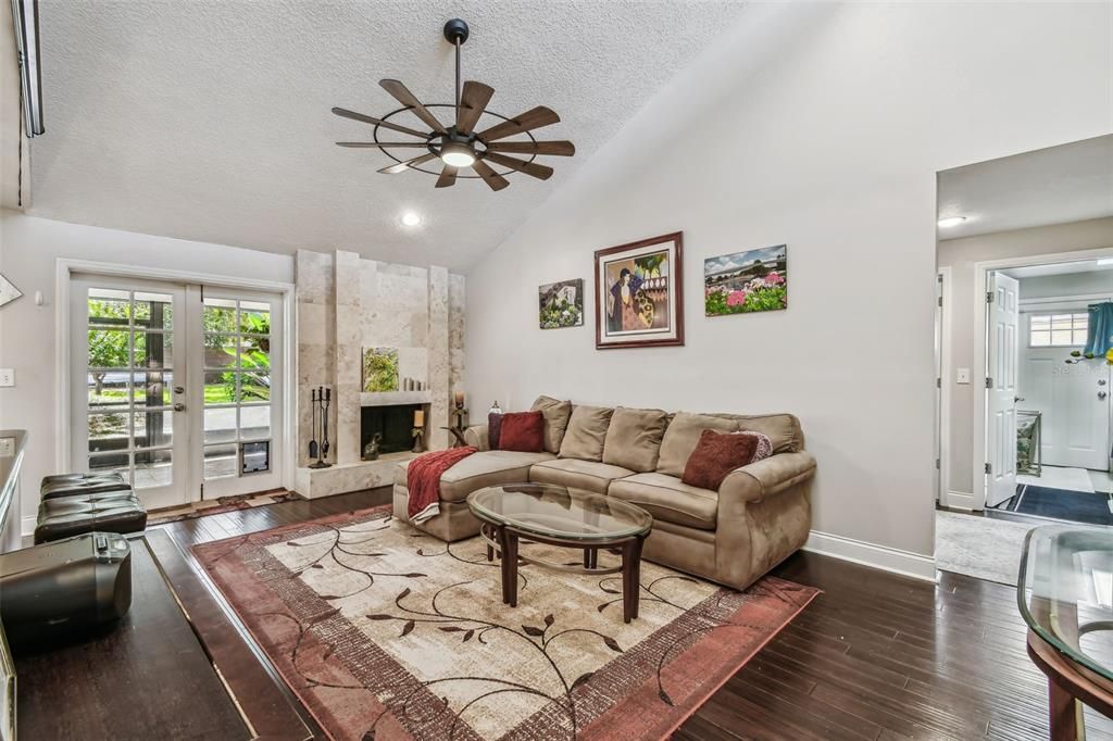 family room with fireplace