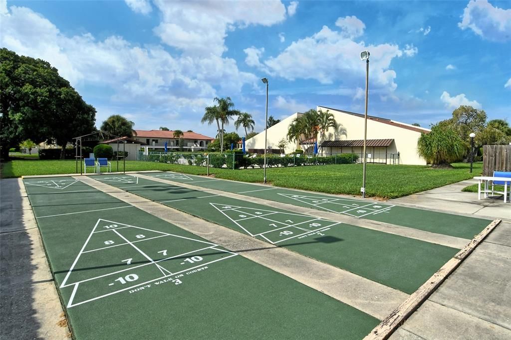 Shuffleboard area behind pool