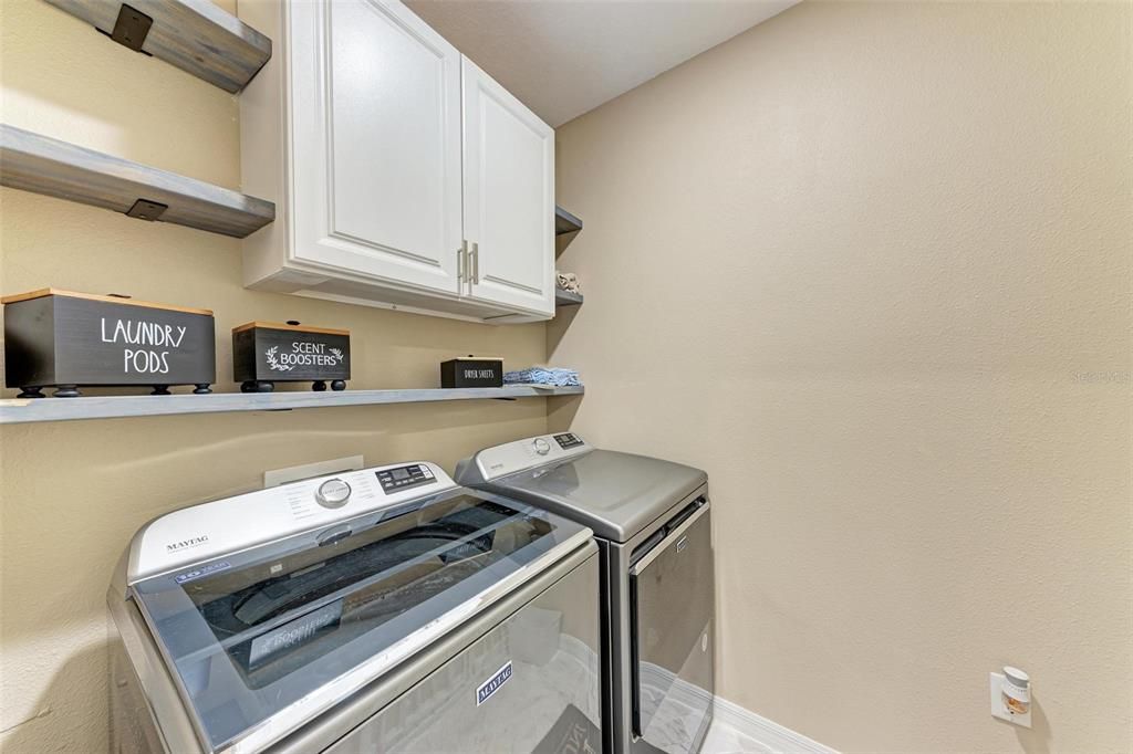 Laundry Room with new Washer/Dryer/Built in Cabinetry and Shelves