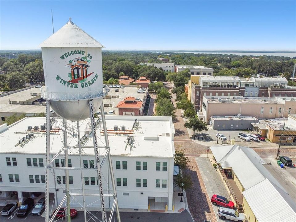 Winter Garden water tower and streetscape with Lake Apopka in the distance