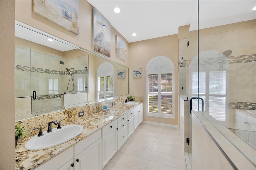 Primary Bathroom with Dual Sinks and Super Shower!