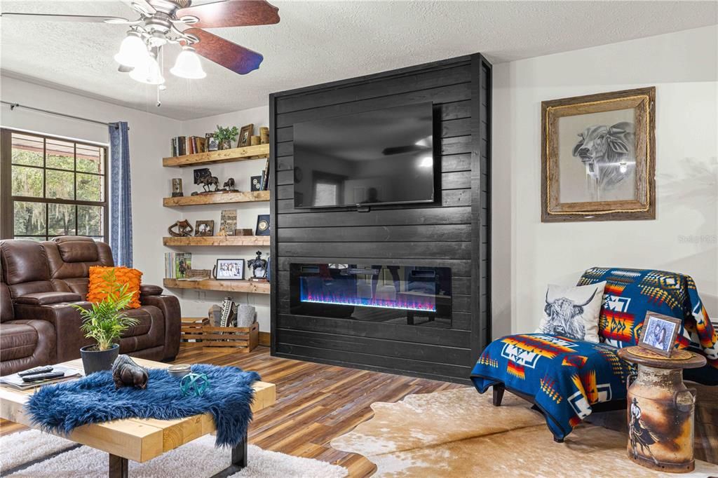 Living room with beautiful electric fireplace