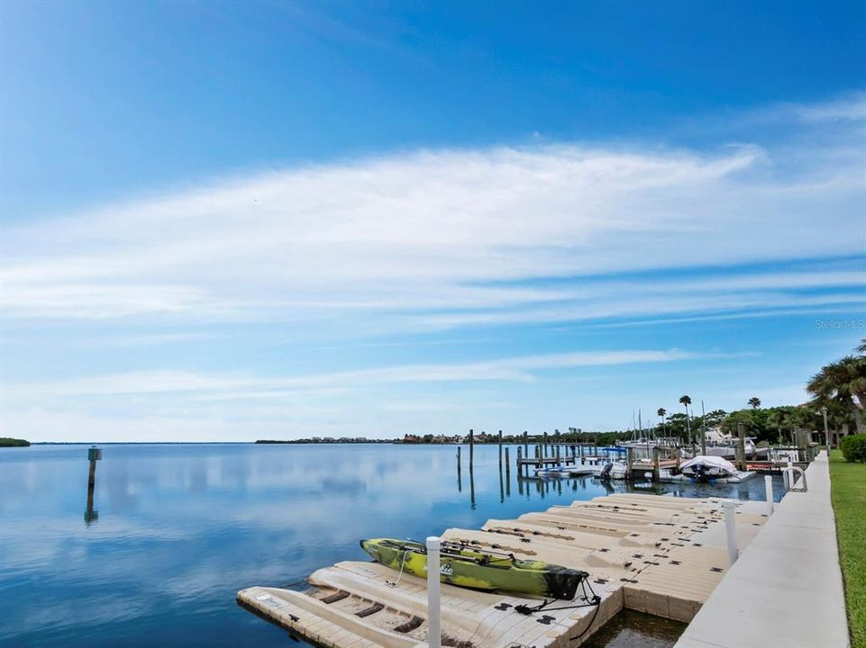 Just beyond the kayak launch, boat docks & the owners’ marina await.