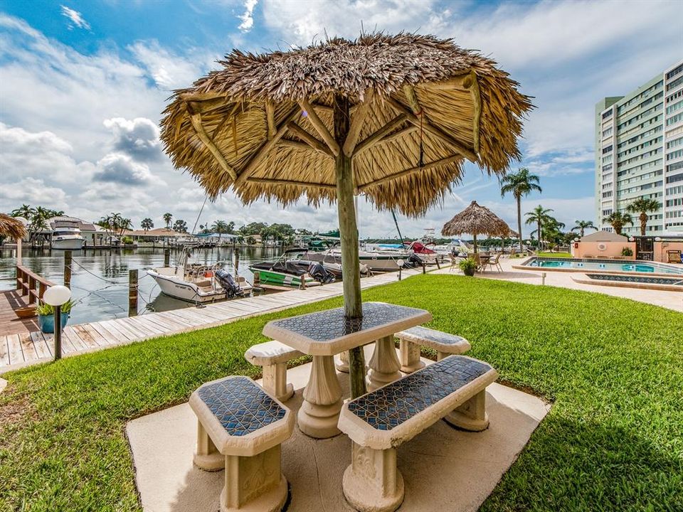 Tiki picnic area by water