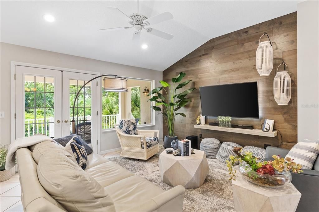 Living Room with Wood Wall