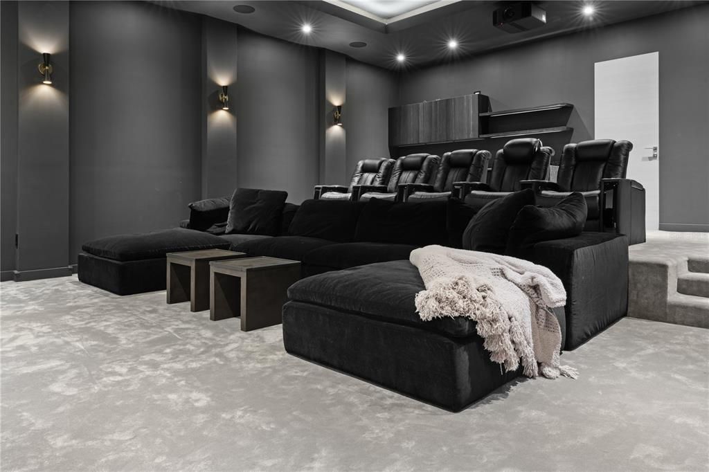 Home Theatre under the stars featuring wet bar, bathroom, bucket cinema seats and sofa seating.