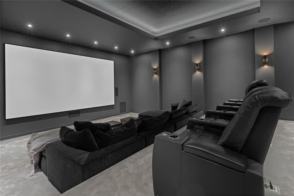 Home Theatre under the stars featuring wet bar, bathroom, bucket cinema seats and sofa seating.