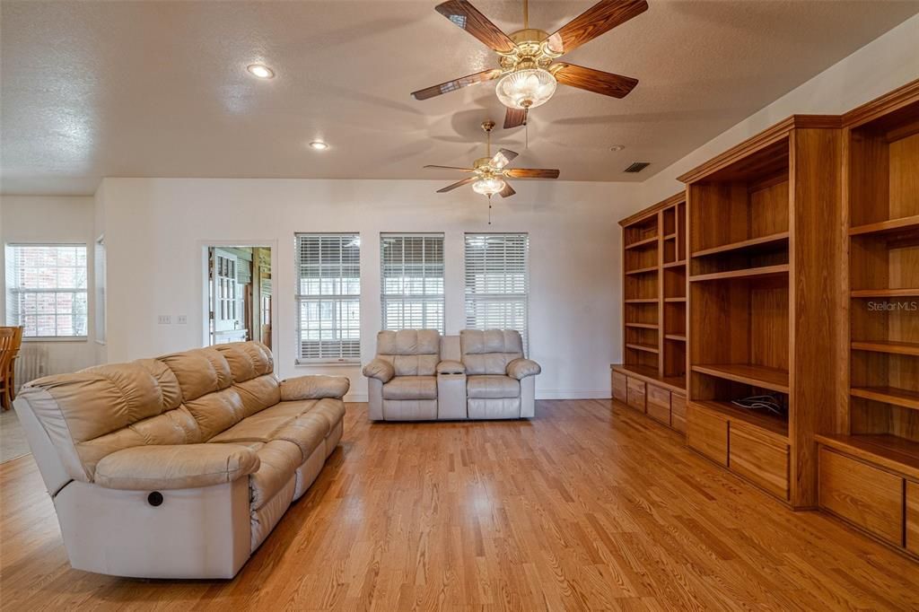 Family room with built in shelving