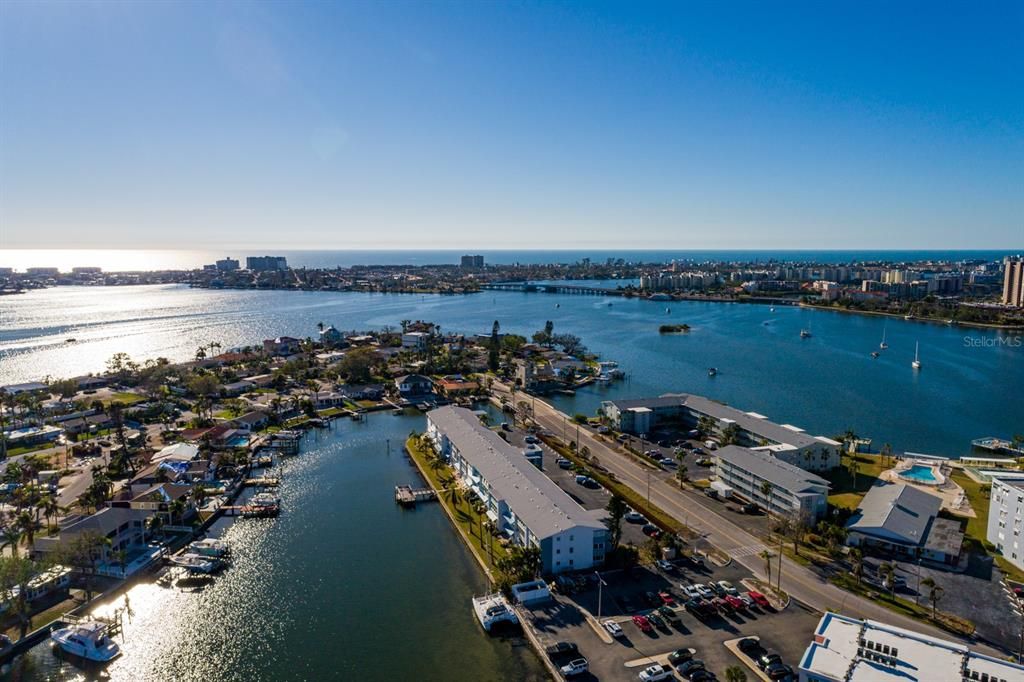 Shore Plaza Condos, Boca Ciega Bay & the Gulf of Mexico.