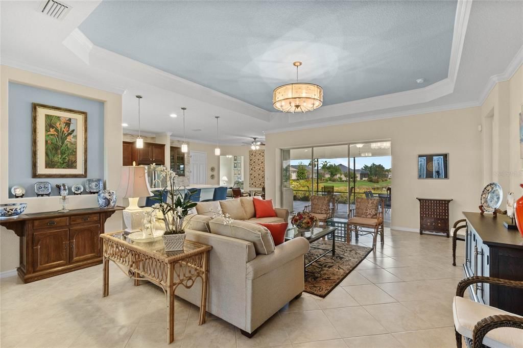 Family room with beautiful view through triple sliders