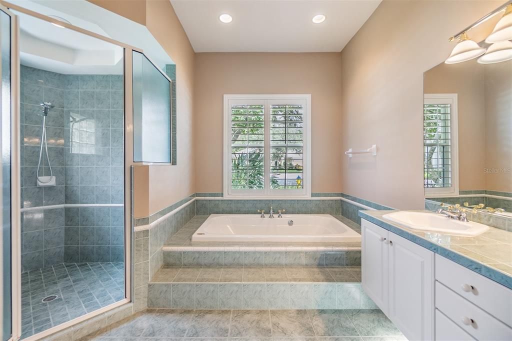 Master Bathroom, Double Vanities, Tile Flooring, Plantation Shutters, separate tub and shower.