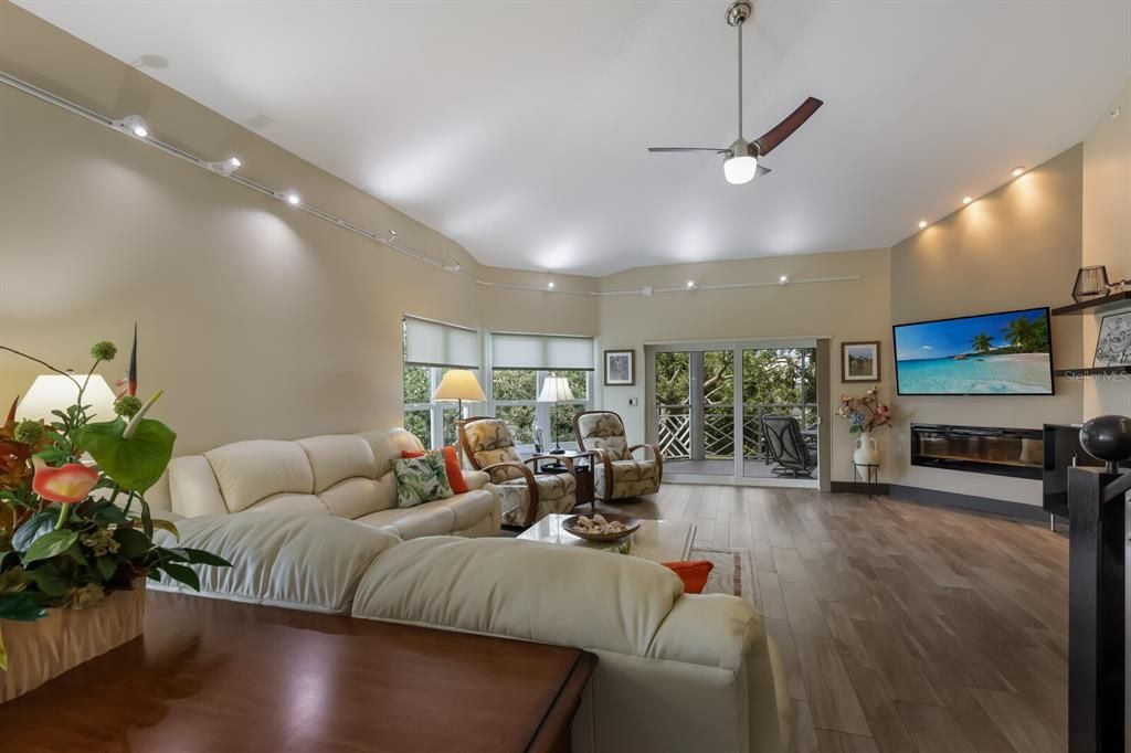 Living room with decorative fireplace