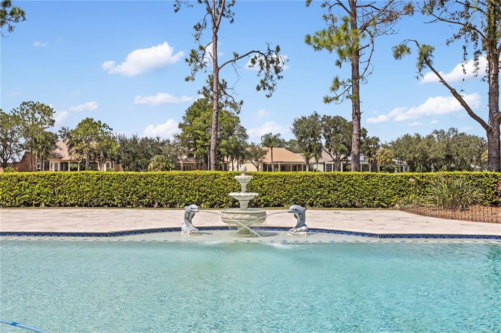 Enormous Saltwater Pool has water fountain two dolphins to keep you company!