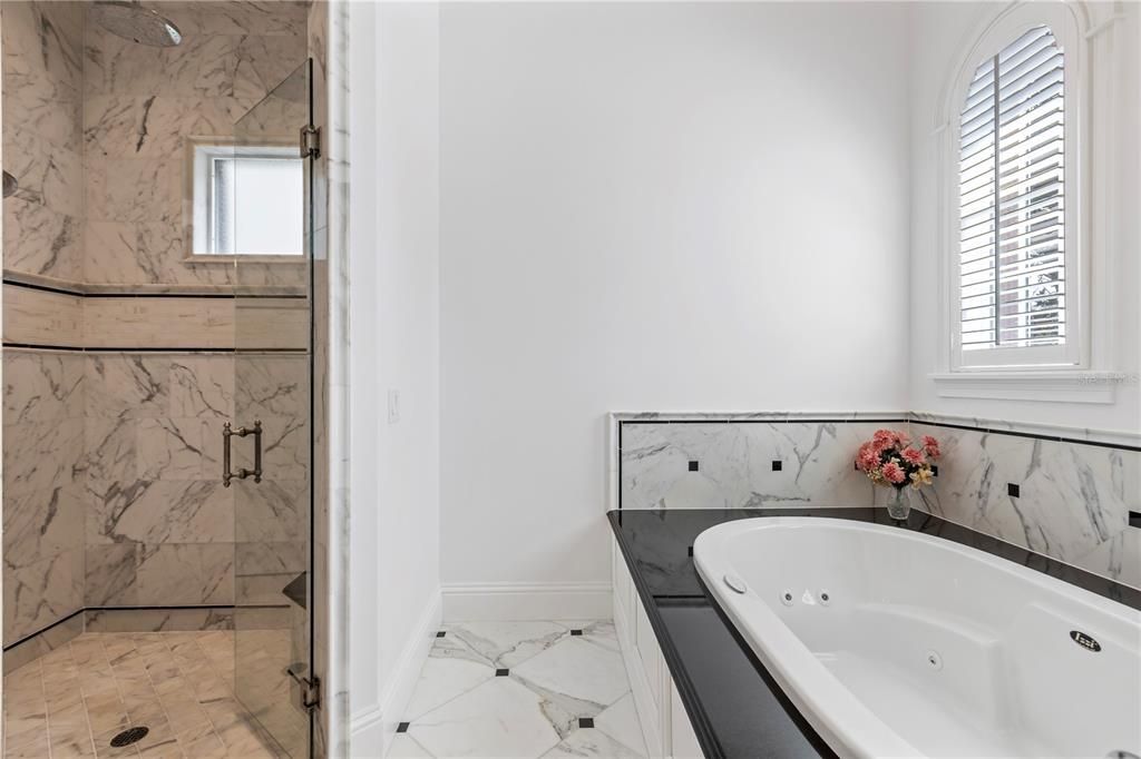 Soaking Tub and Large shower lined w/Marble