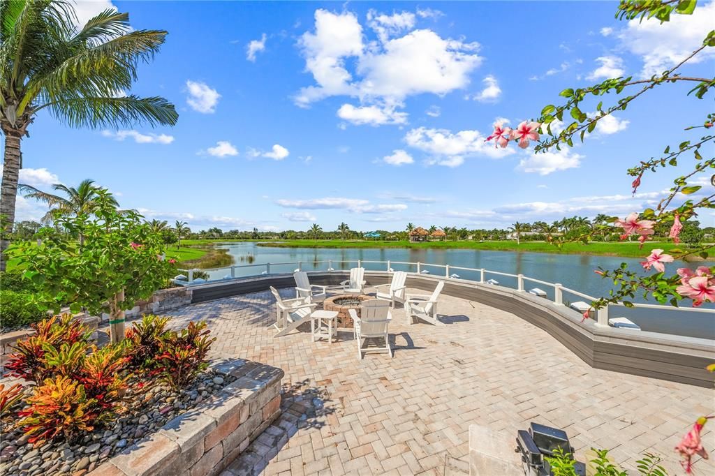 View of patio with a water view