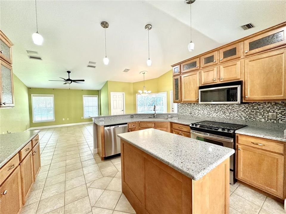 Family room towards the back with dinette over the counter to the right and a 1/2 bath