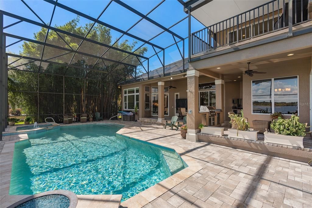 large salt water pool with spa, plenty of space to entertain!