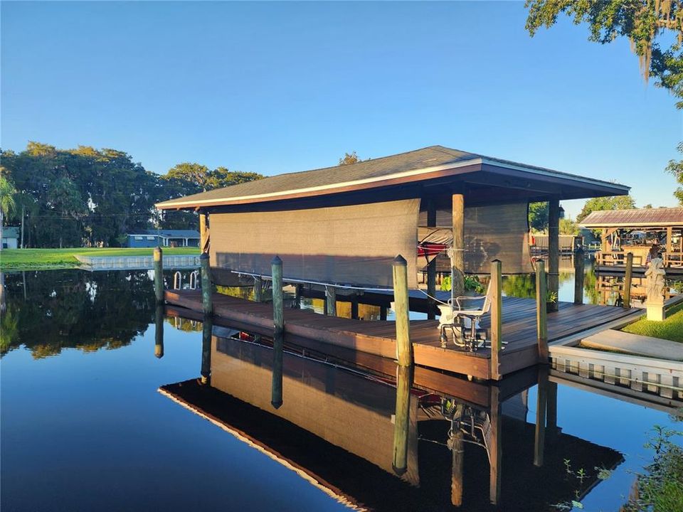 Side view of boathouse. Water for irrigation is drawn from the canal.