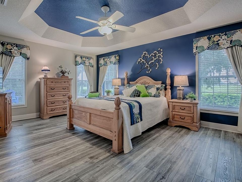 PRIMARY BEDROOM WITH ACCENTED TRAY CEILING AND CUSTOM WINDOW TREATMENTS. LUXURY VINYL PLANK FLOORING.