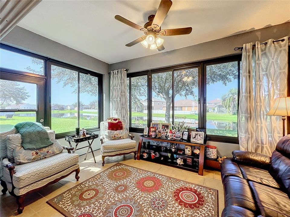 Cozy living area with water view.