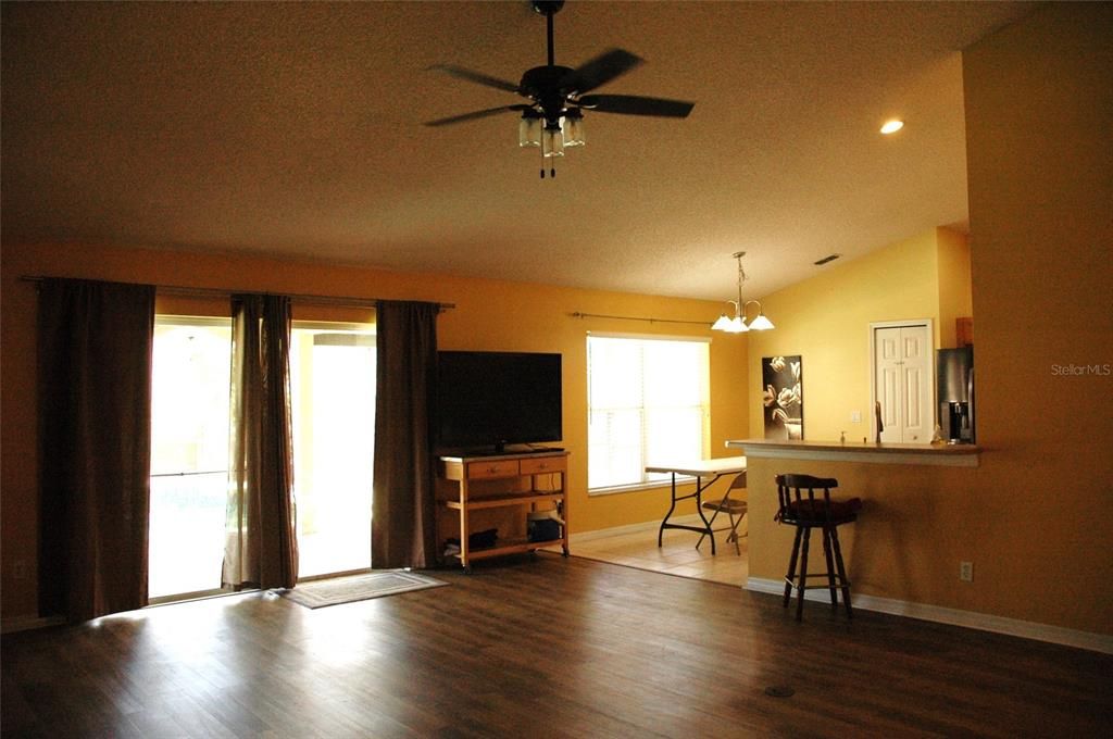 Great room is wide open to eat in kitchen