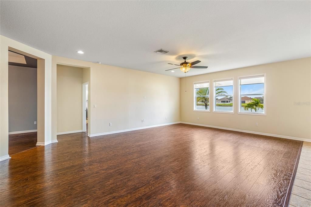 Great Room with Wood Laminate Flooring is so Large!