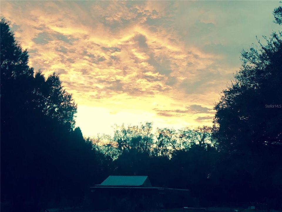 sunset looking out toward pool and pole barn