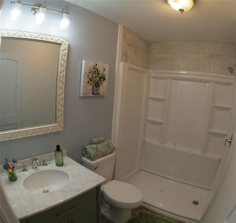 2nd Bath with Marble Vanity Top and Walkin Shower with Custom Tile top