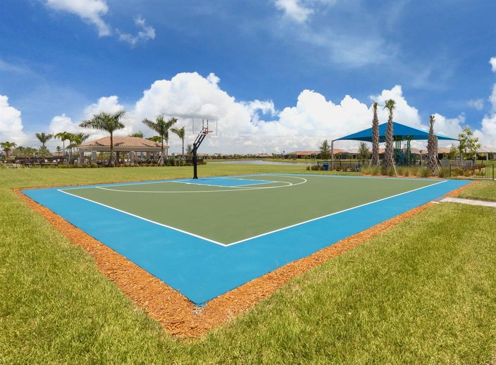 The basketball court is perfect for a pick up game!