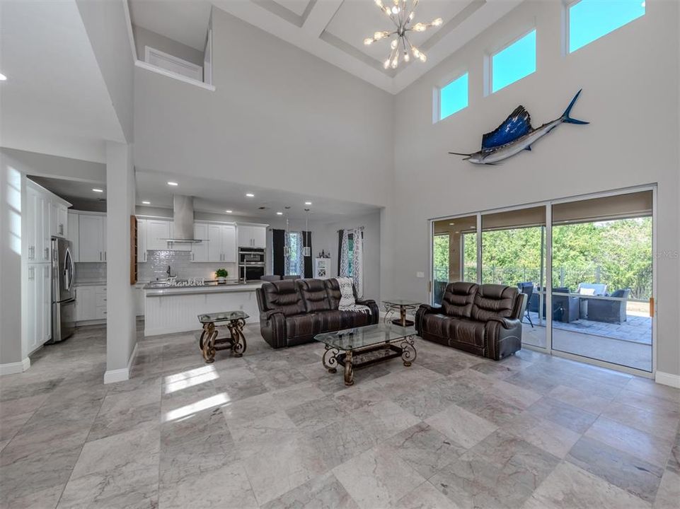 Soaring ceilings, coffered ceilings and nice and open great room design