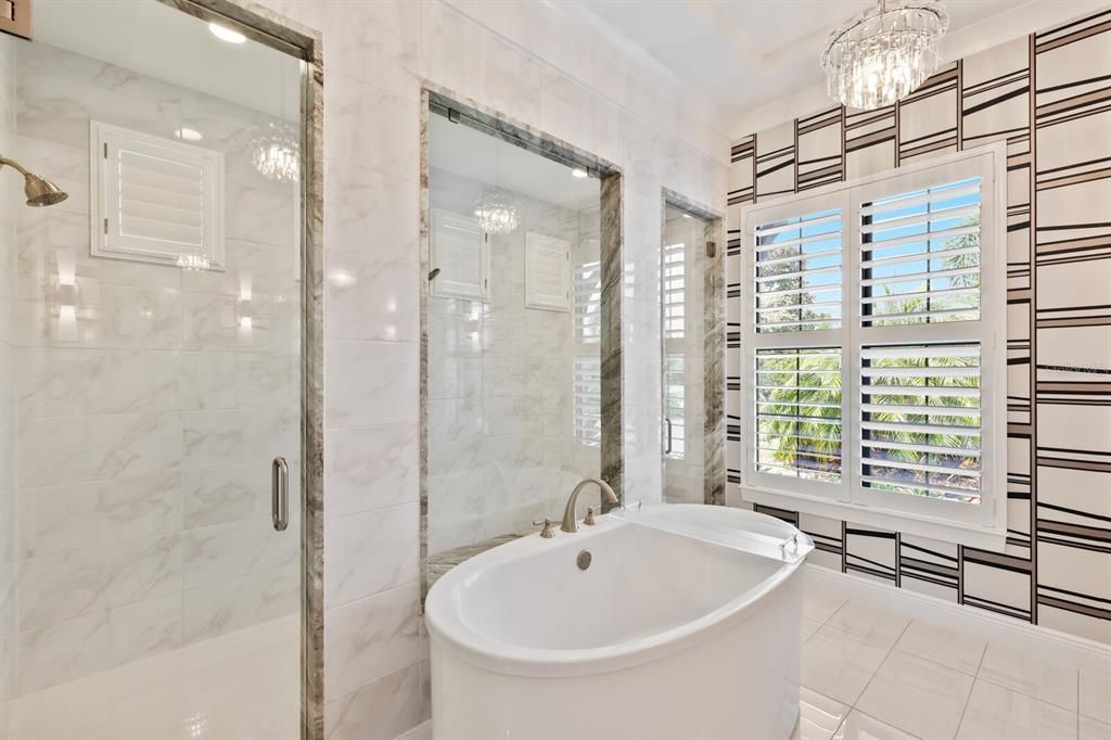 Primary bathroom with stand alone tub