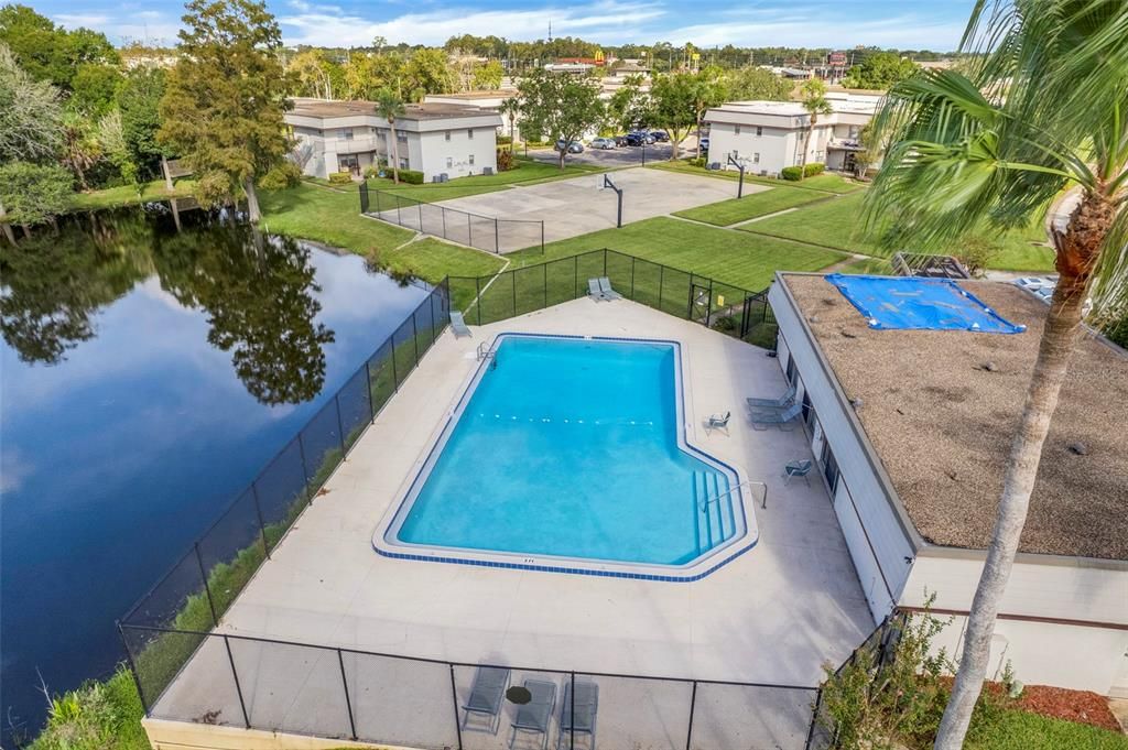 Community pool and basketball courts in Windtree.