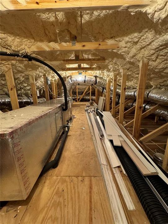 Icynene foam insulation in attic crawl space storage.