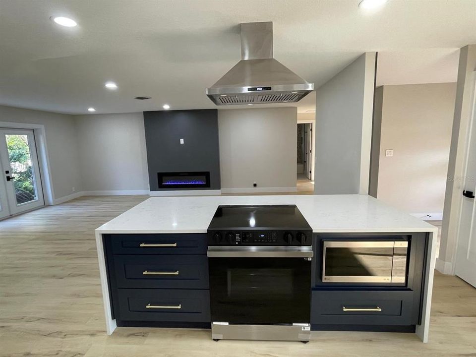 Kitchen Island and Living Room