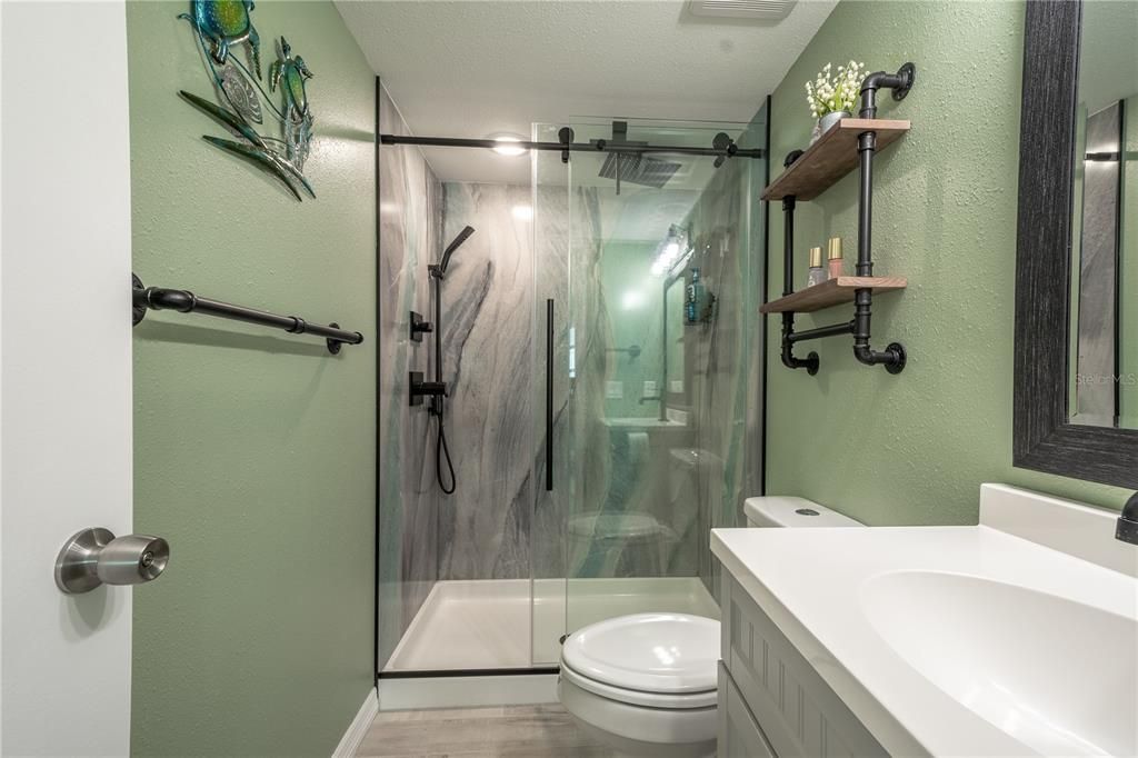 Bathroom 2 features a mirrored vanity with storage and downlight fixture, wood plank tile flooring, and a shower with granite surround and glass partition. Bathroom 2 features a mirrored vanity with storage and downlight fixture, a wood plank accent wall, wood plank tile flooring, and a shower with  glass partition.