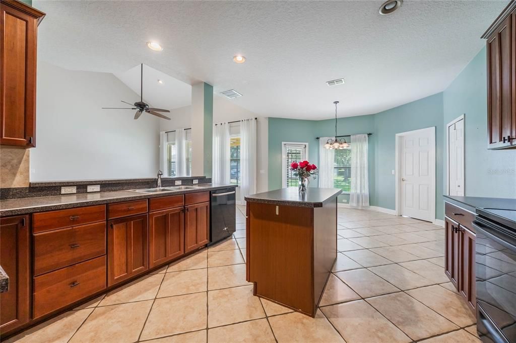 Kitchen opens to eat-in area and great room.